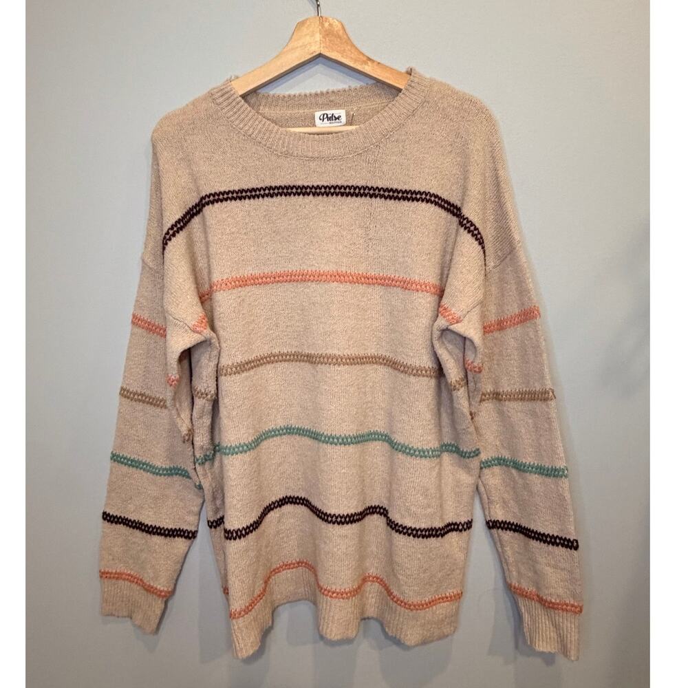 Pulse Boutique Boho Knit Striped Crewneck Sweater Neutral Textured Stripe Size L